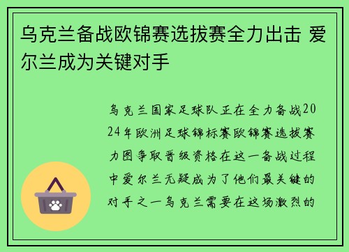 乌克兰备战欧锦赛选拔赛全力出击 爱尔兰成为关键对手