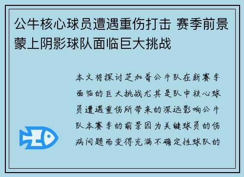 公牛核心球员遭遇重伤打击 赛季前景蒙上阴影球队面临巨大挑战