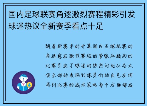 国内足球联赛角逐激烈赛程精彩引发球迷热议全新赛季看点十足