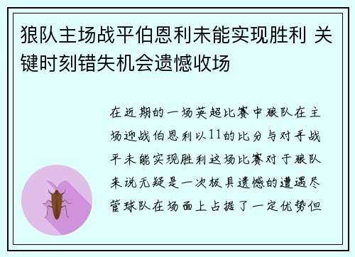 狼队主场战平伯恩利未能实现胜利 关键时刻错失机会遗憾收场 狼队主场战平伯恩利未能实现胜利 关键时刻错失机会遗憾收场